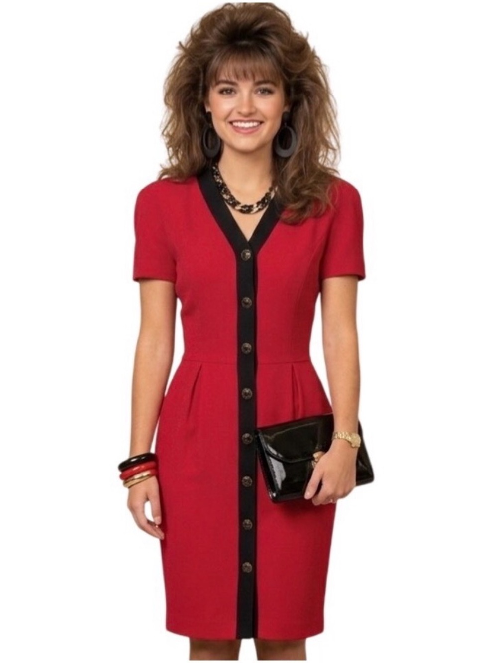Ms Chaus VTG 80s Secretary Button Up Retro Dress 6 Pencil Skirt Color Block